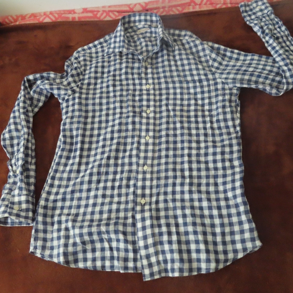 Made in New England Mens Longsleeve Shirt Green M Made In USA linen blue/white